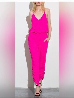 Bright Pink V-Neck Jumpsuit with Pockets 1 ruched legs.  Amanda Uprichard